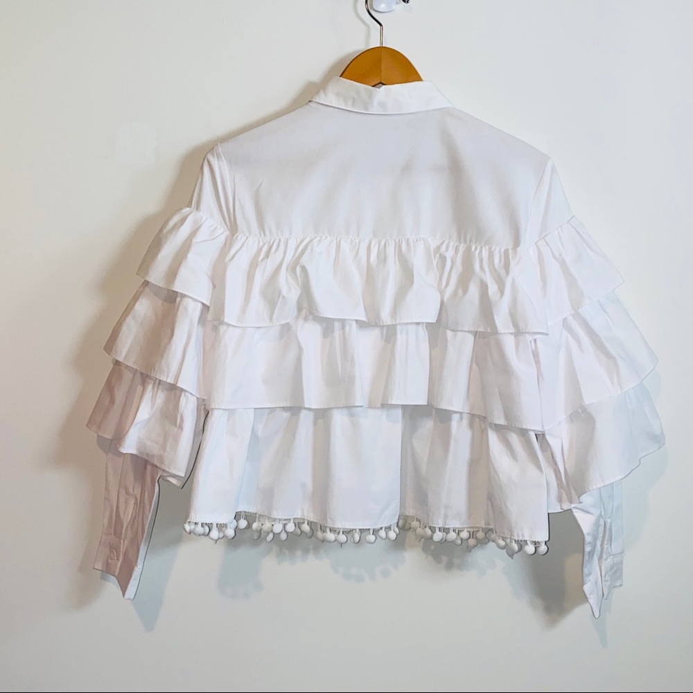 White Button Down Tiered Ruffle Collared Top By H… - image 8
